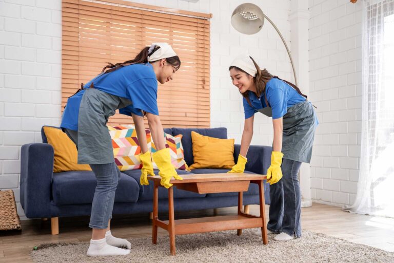 Two service worker placing the table in the living room.